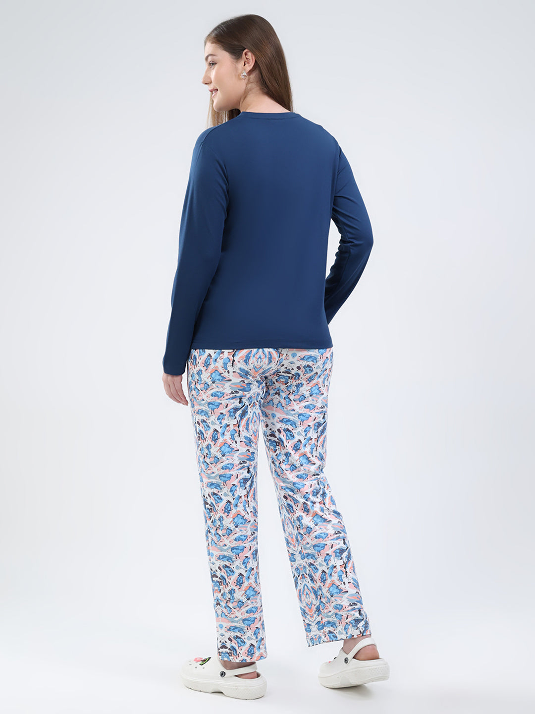 Women Blue Printed Round Neck Full Sleeve Lower Set