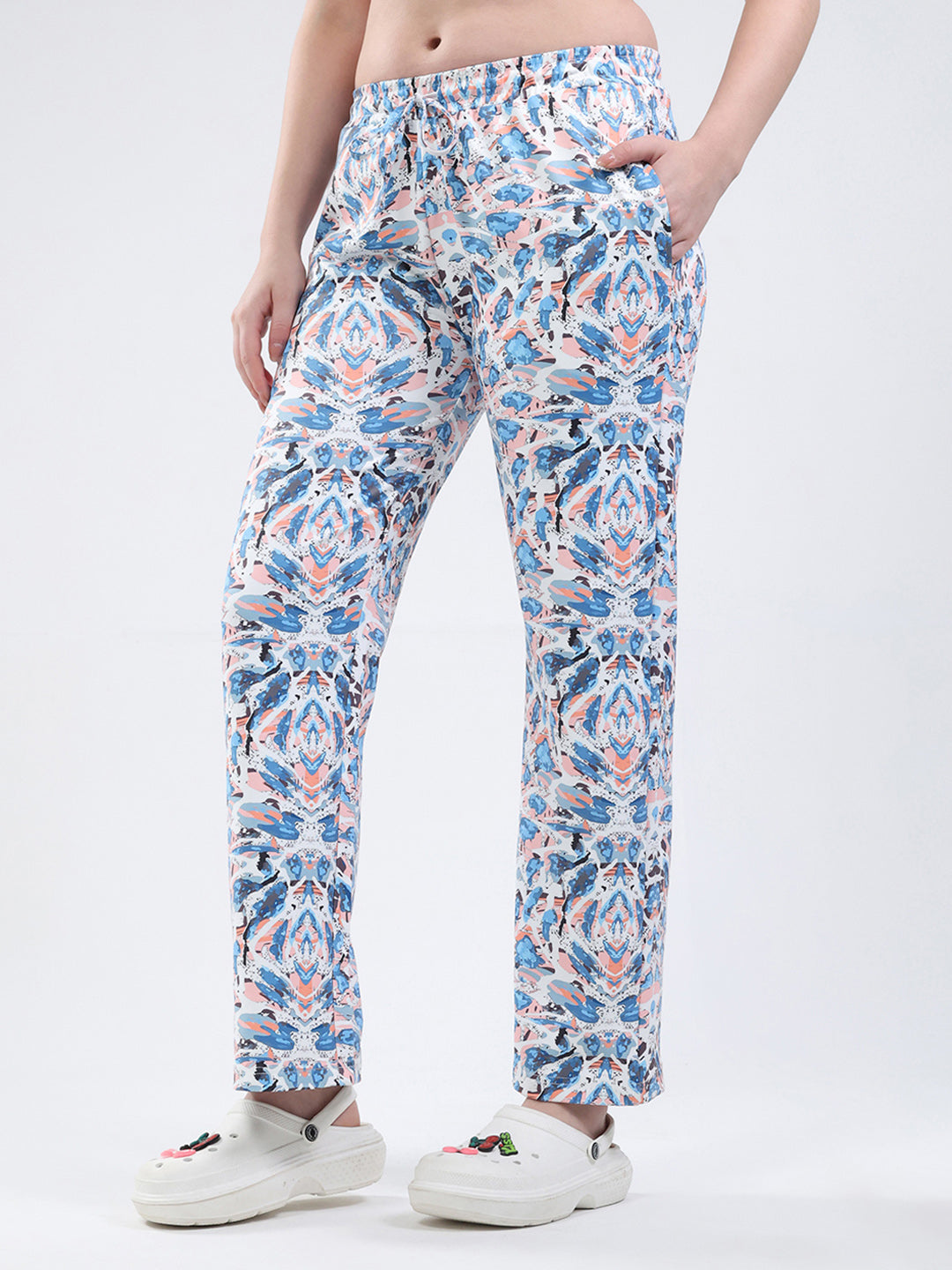 Women Blue Printed Round Neck Full Sleeve Lower Set