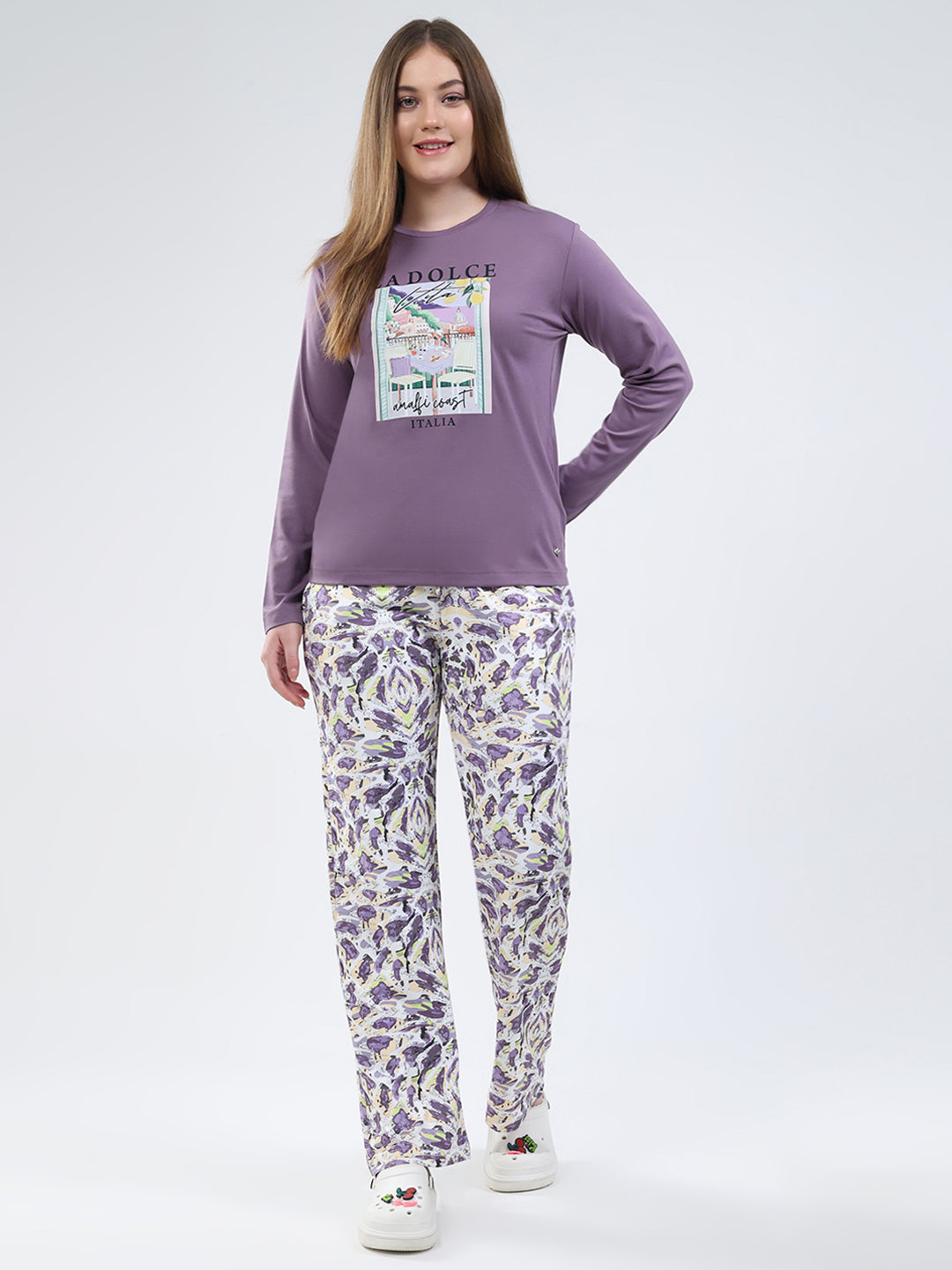 Women Purple Printed Round Neck Full Sleeve Lower Set