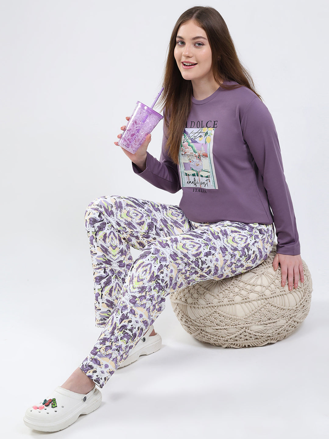 Women Purple Printed Round Neck Full Sleeve Lower Set