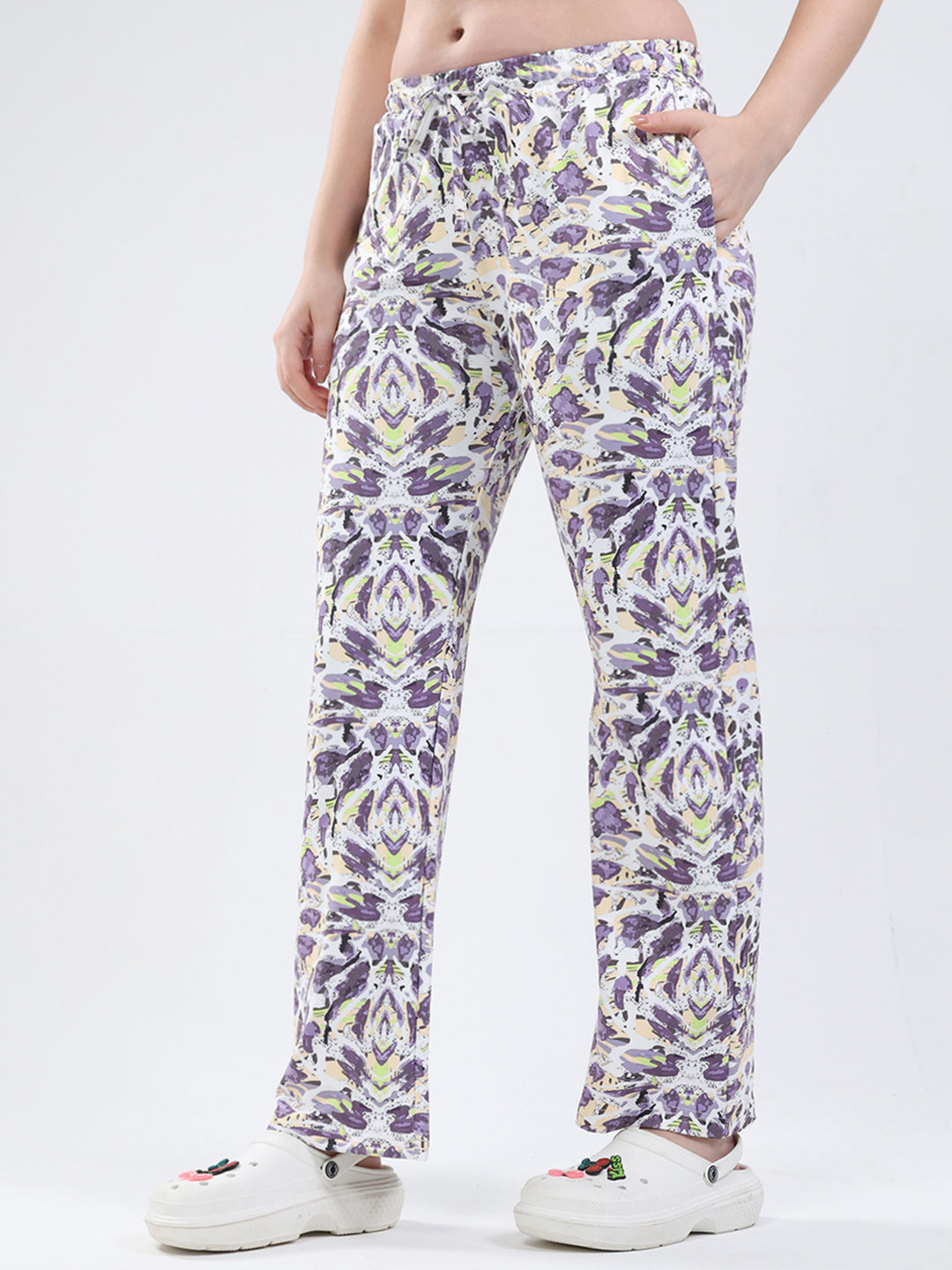 Women Purple Printed Round Neck Full Sleeve Lower Set