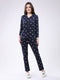 Women Navy Blue Printed Collar Full Sleeve Lower Set