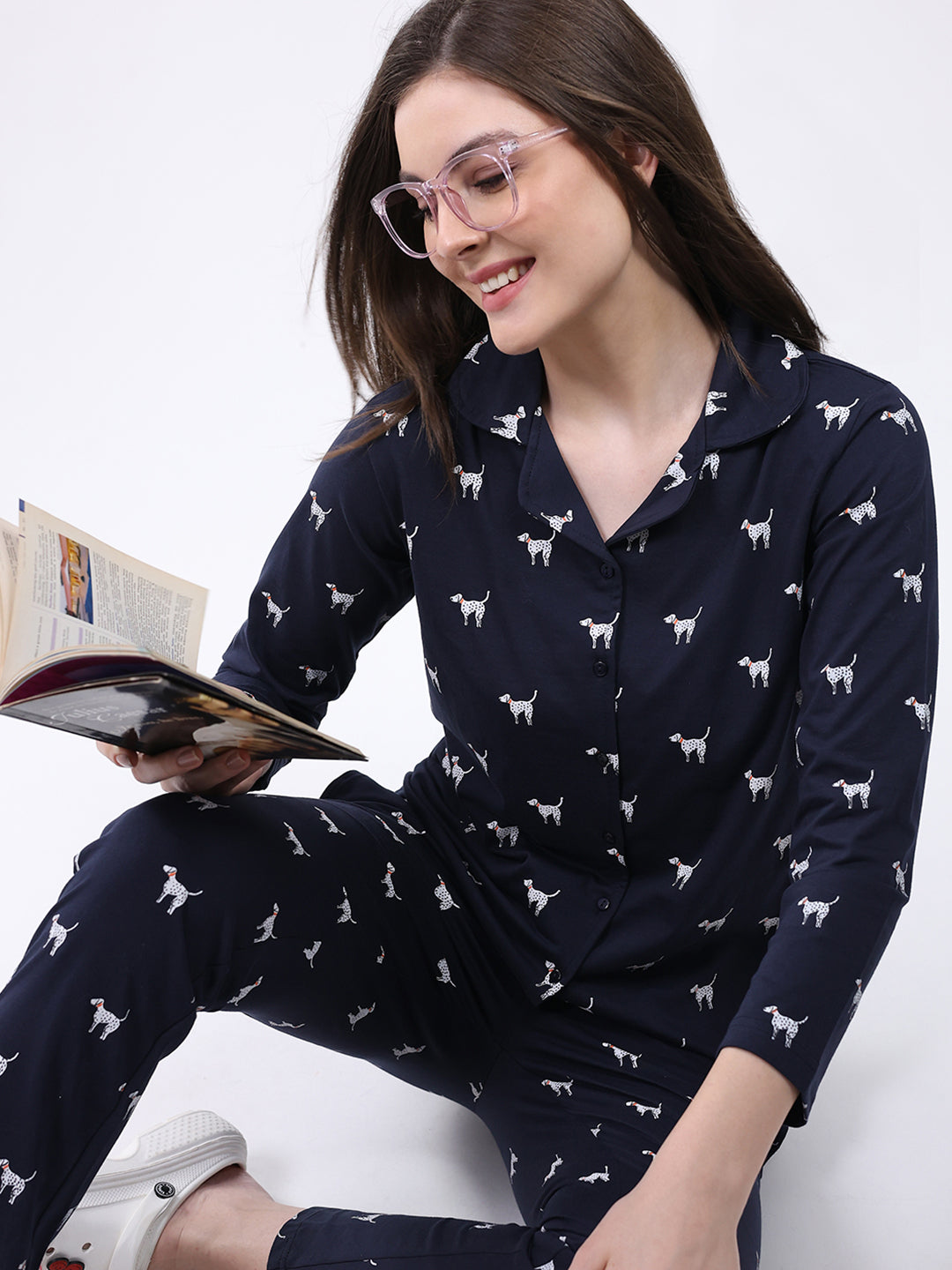 Women Navy Blue Printed Collar Full Sleeve Lower Set