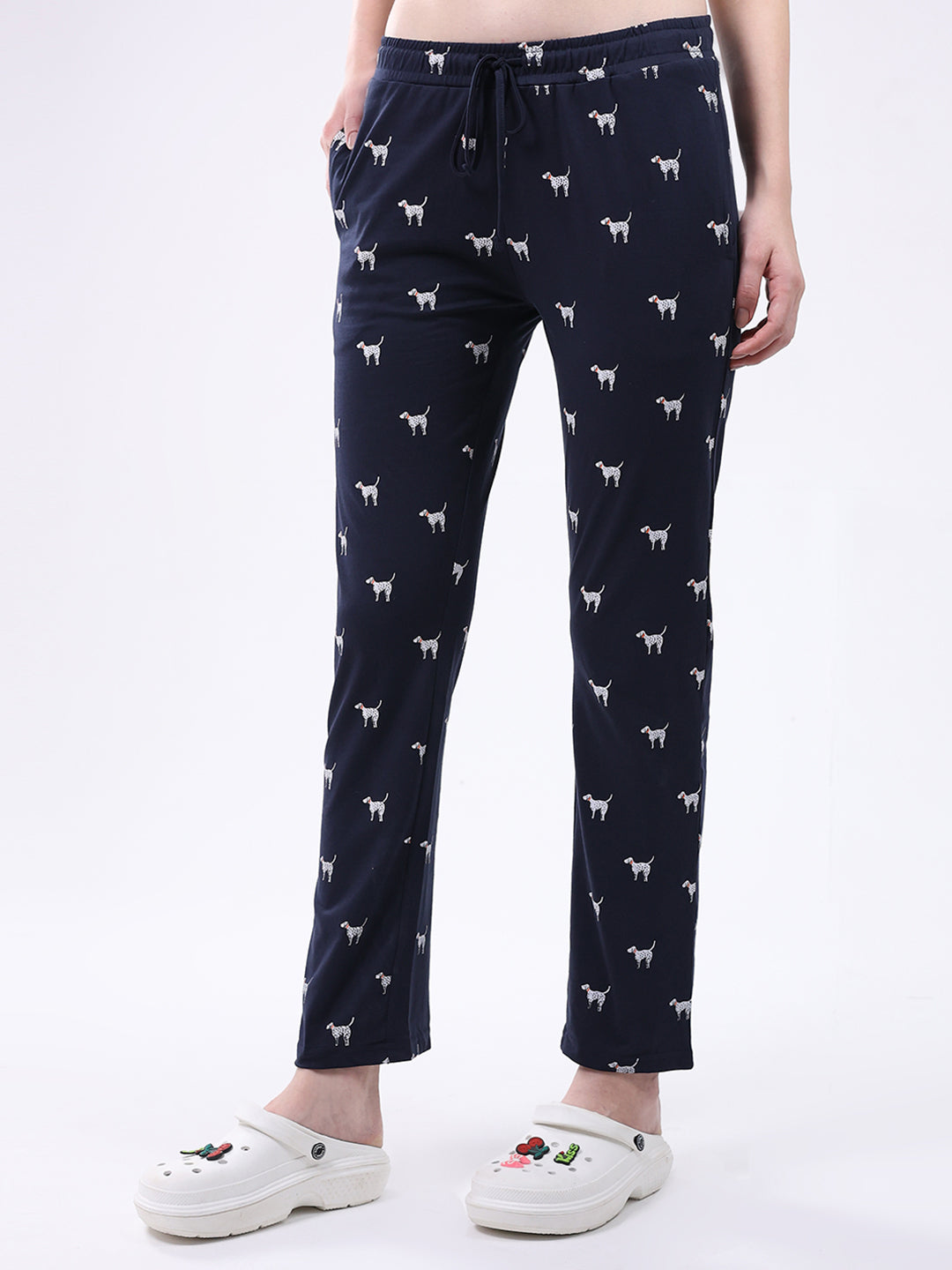 Women Navy Blue Printed Collar Full Sleeve Lower Set