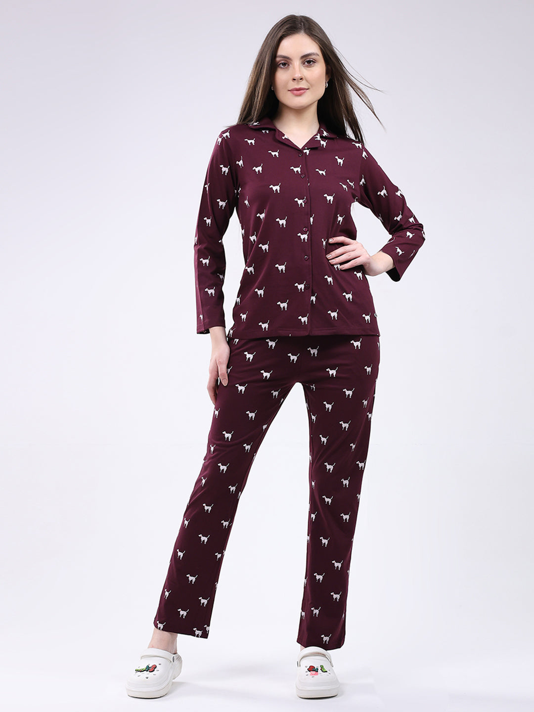 Women Maroon Printed Collar Full Sleeve Lower Set
