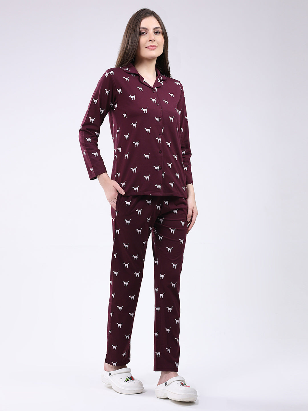 Women Maroon Printed Collar Full Sleeve Lower Set