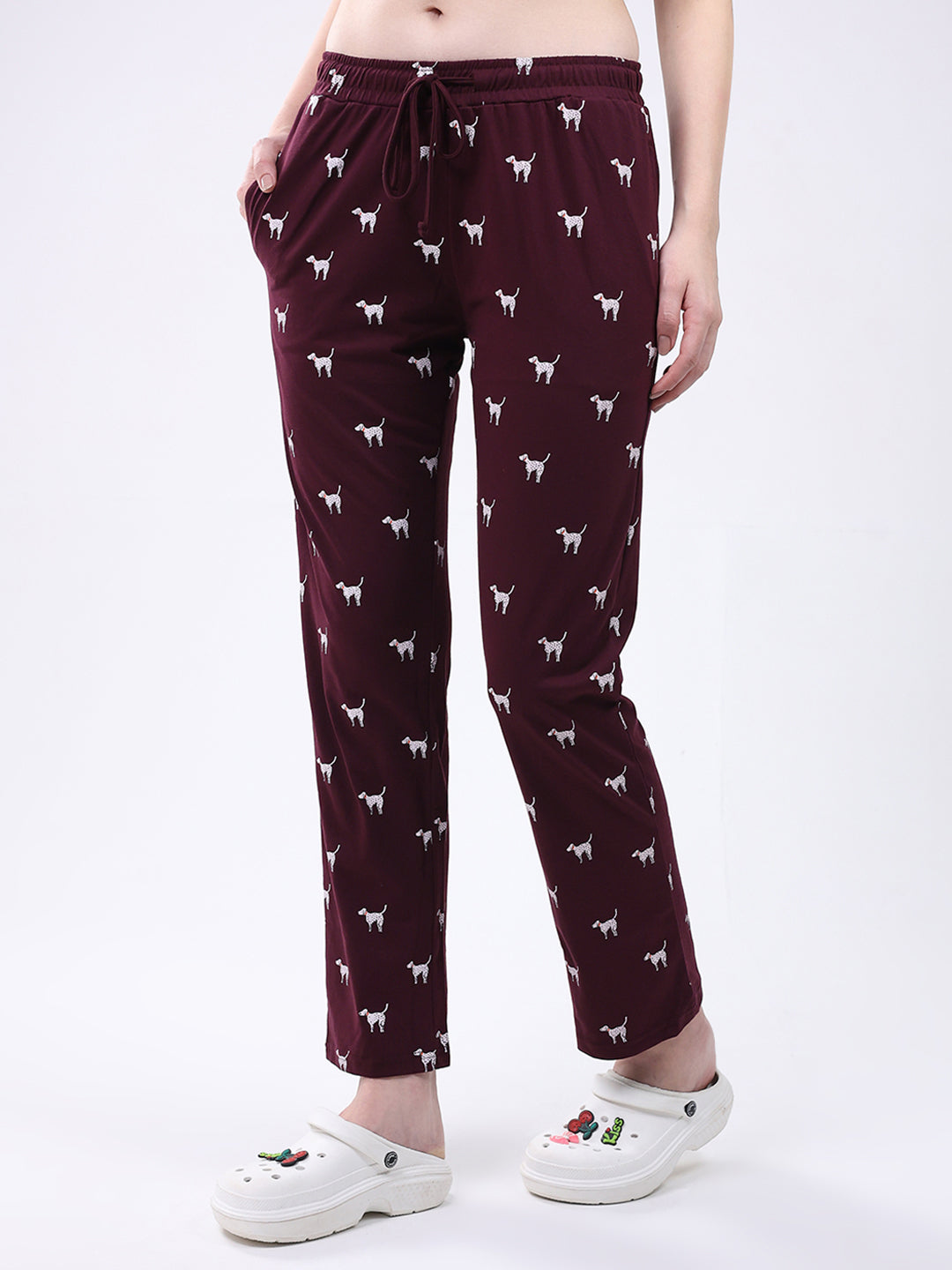 Women Maroon Printed Collar Full Sleeve Lower Set