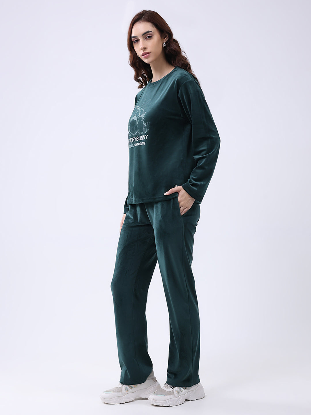 Women Green Printed Round Neck Full Sleeve Lower Set