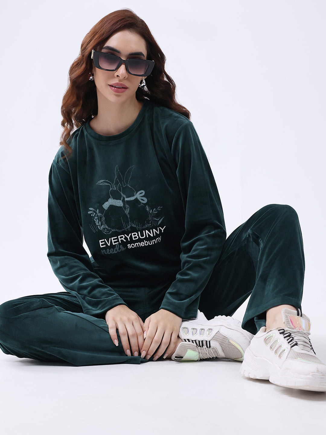 Women Green Printed Round Neck Full Sleeve Lower Set