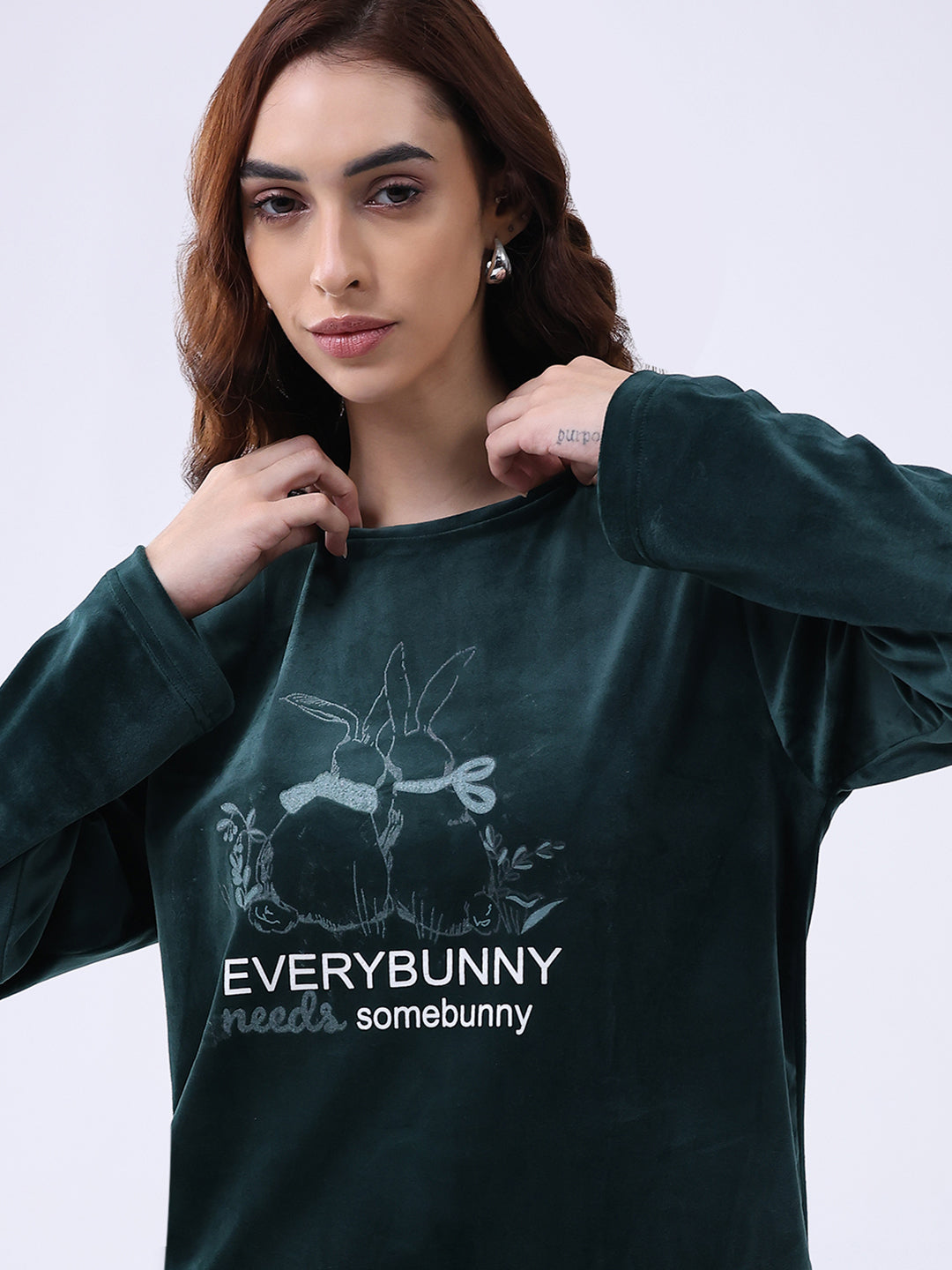 Women Green Printed Round Neck Full Sleeve Lower Set