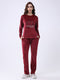 Women Maroon Printed Round Neck Full Sleeve Lower Set