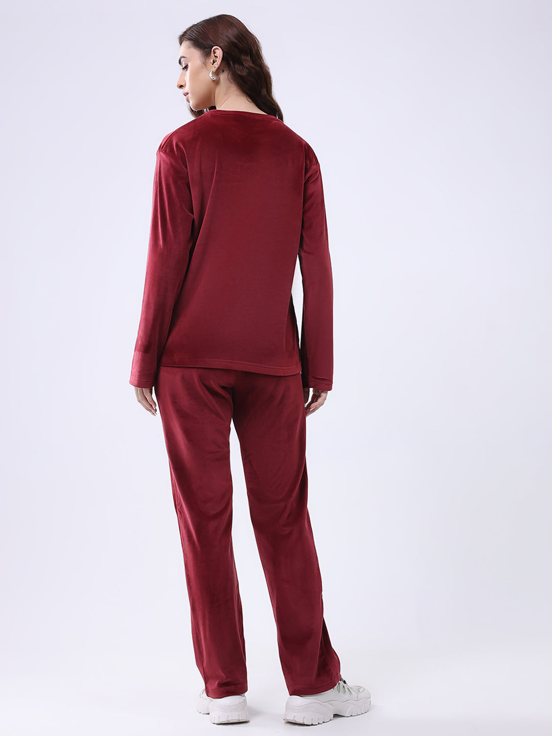 Women Maroon Printed Round Neck Full Sleeve Lower Set