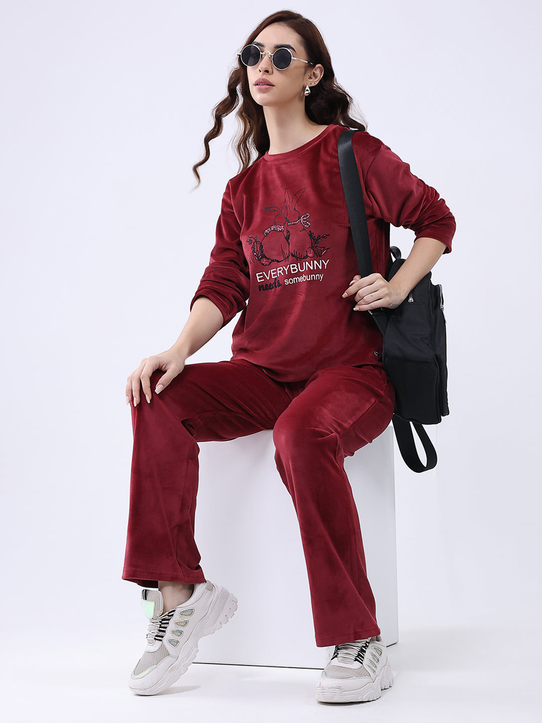 Women Maroon Printed Round Neck Full Sleeve Lower Set