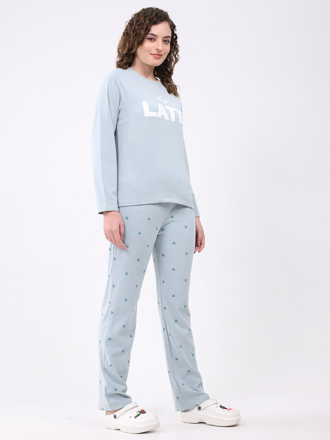 Women Blue Printed Round Neck Full Sleeve Lower Set