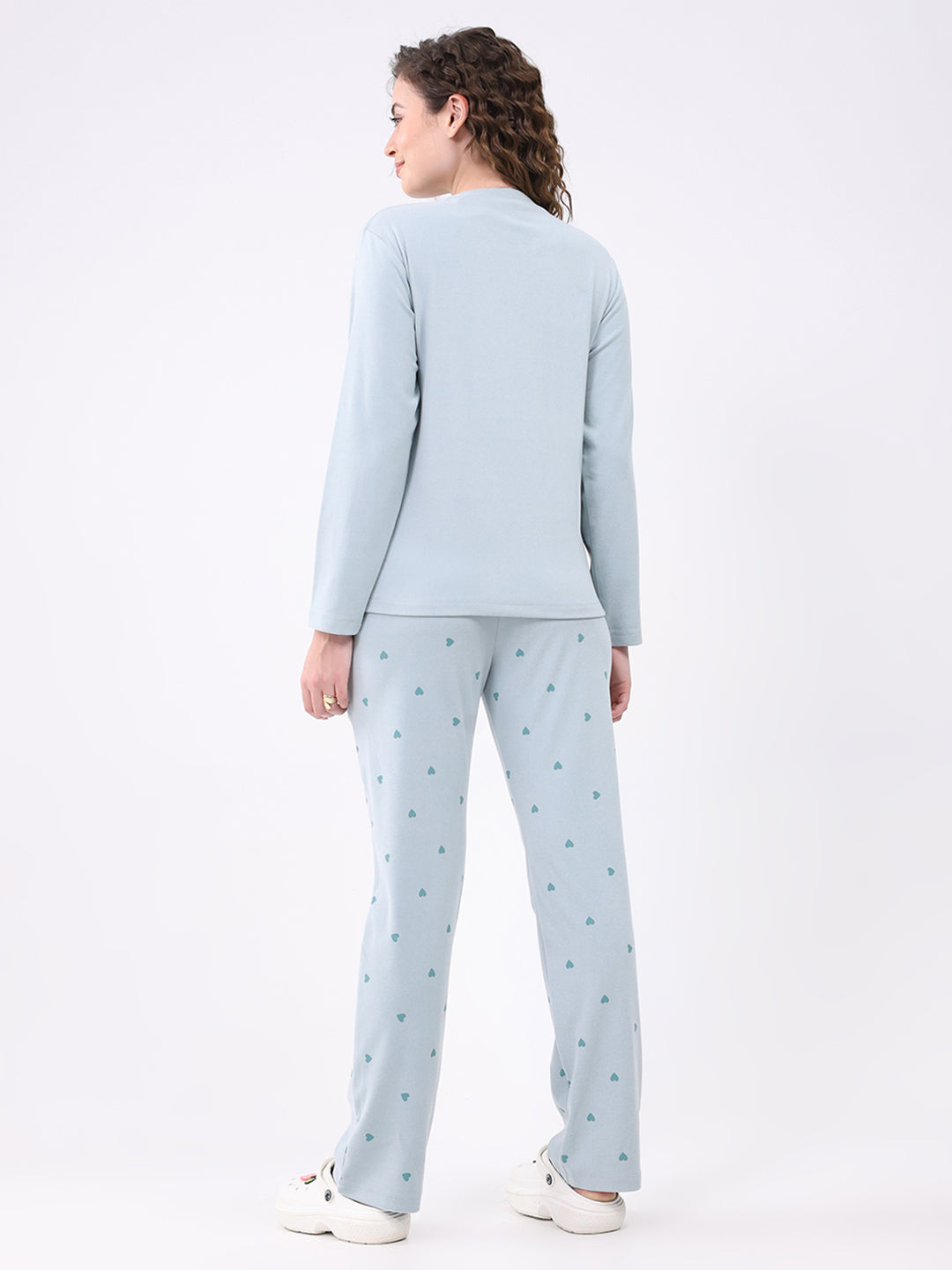 Women Blue Printed Round Neck Full Sleeve Lower Set