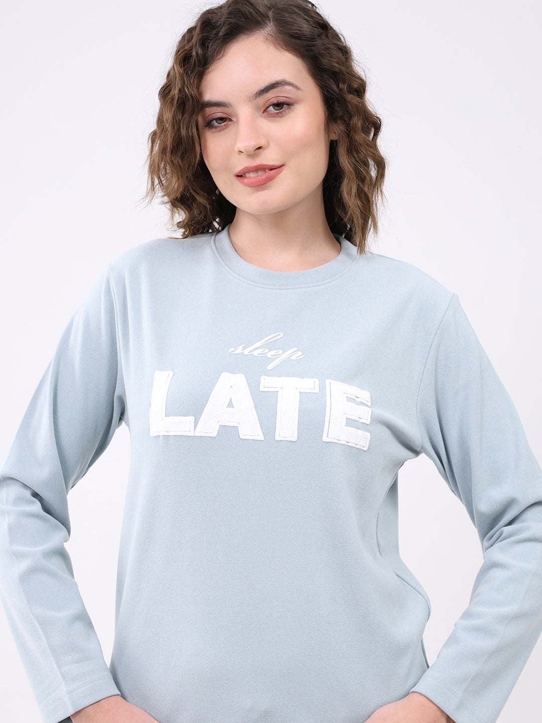 Women Blue Printed Round Neck Full Sleeve Lower Set