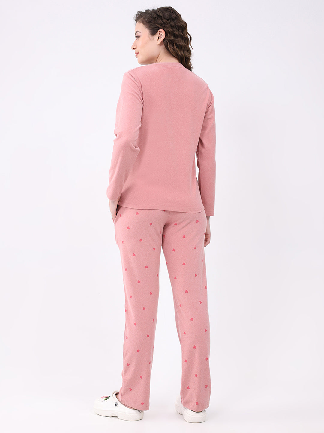 Women Pink Printed Round Neck Full Sleeve Lower Set