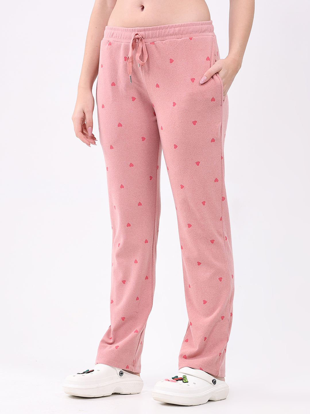 Women Pink Printed Round Neck Full Sleeve Lower Set