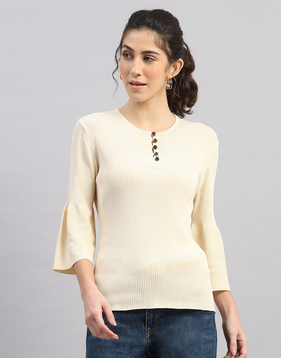 Women Cream Self Design Round Neck Full Sleeve Winter Top