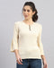Women Cream Self Design Round Neck Full Sleeve Winter Top