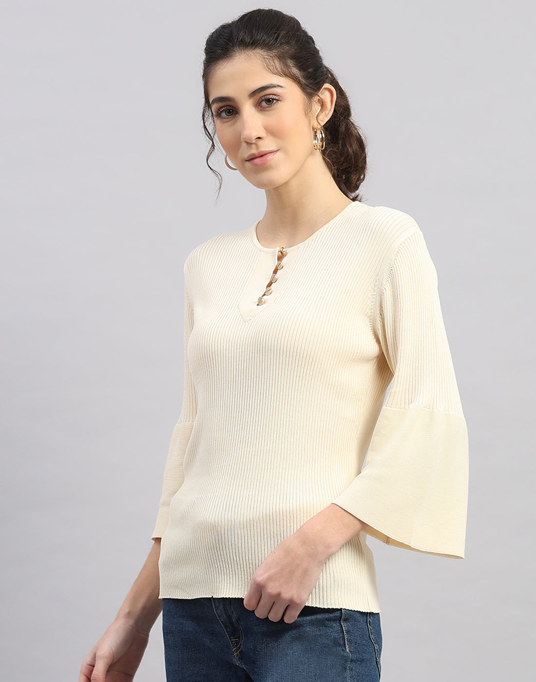 Women Cream Self Design Round Neck Full Sleeve Winter Top