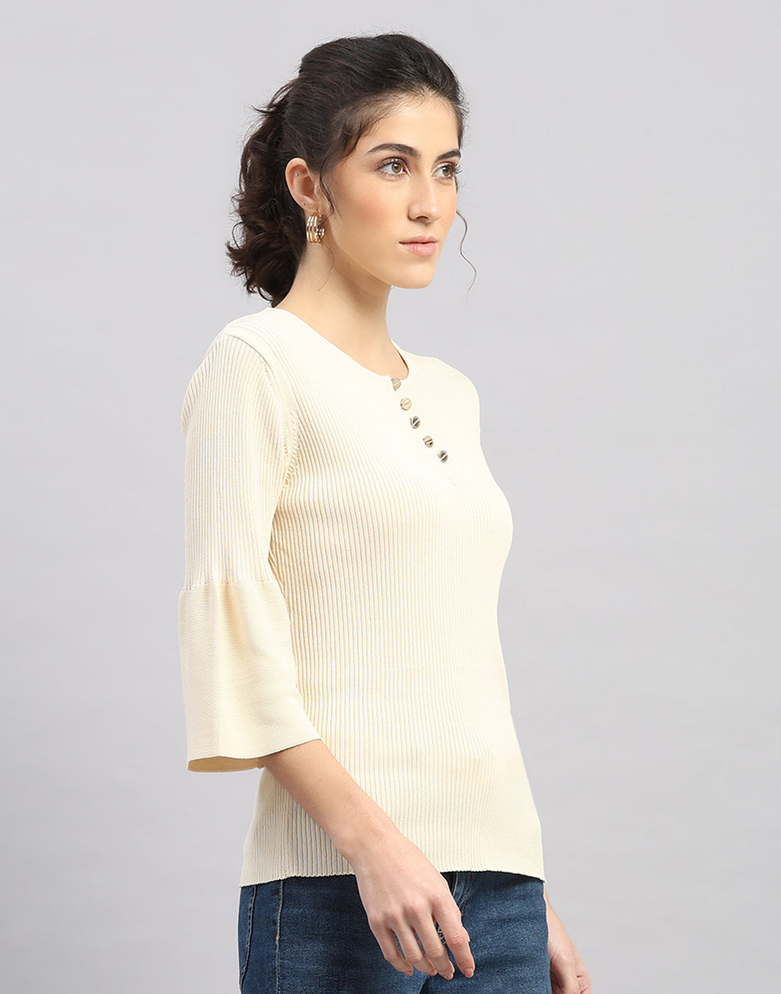 Women Cream Self Design Round Neck Full Sleeve Winter Top