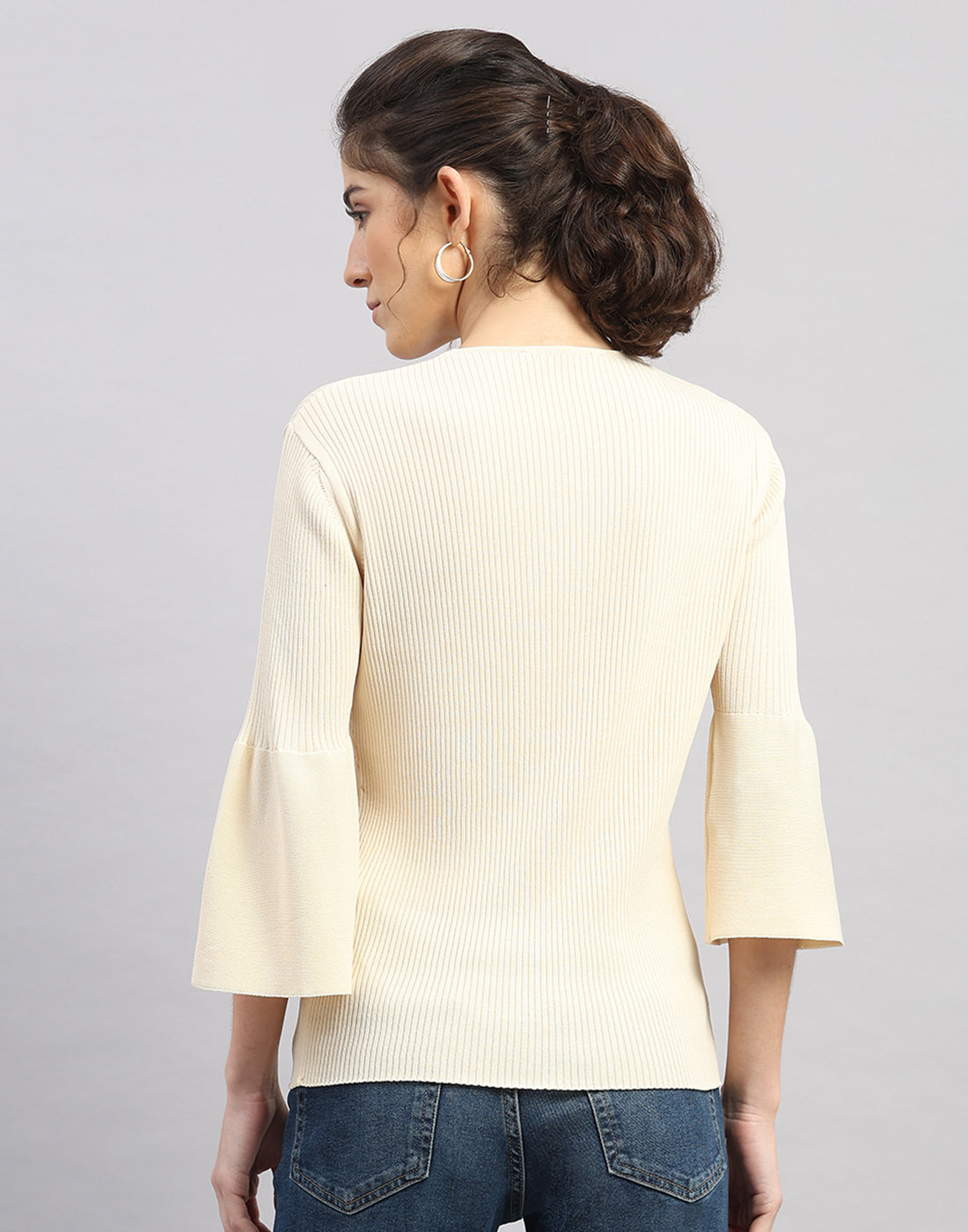 Women Cream Self Design Round Neck Full Sleeve Winter Top