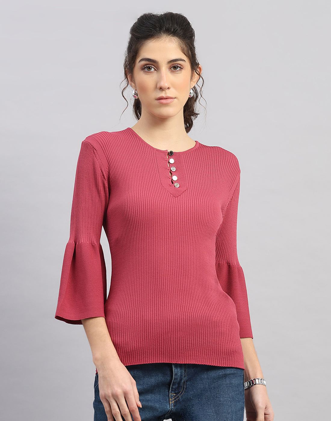Women Pink Self Design Round Neck Full Sleeve Winter Top