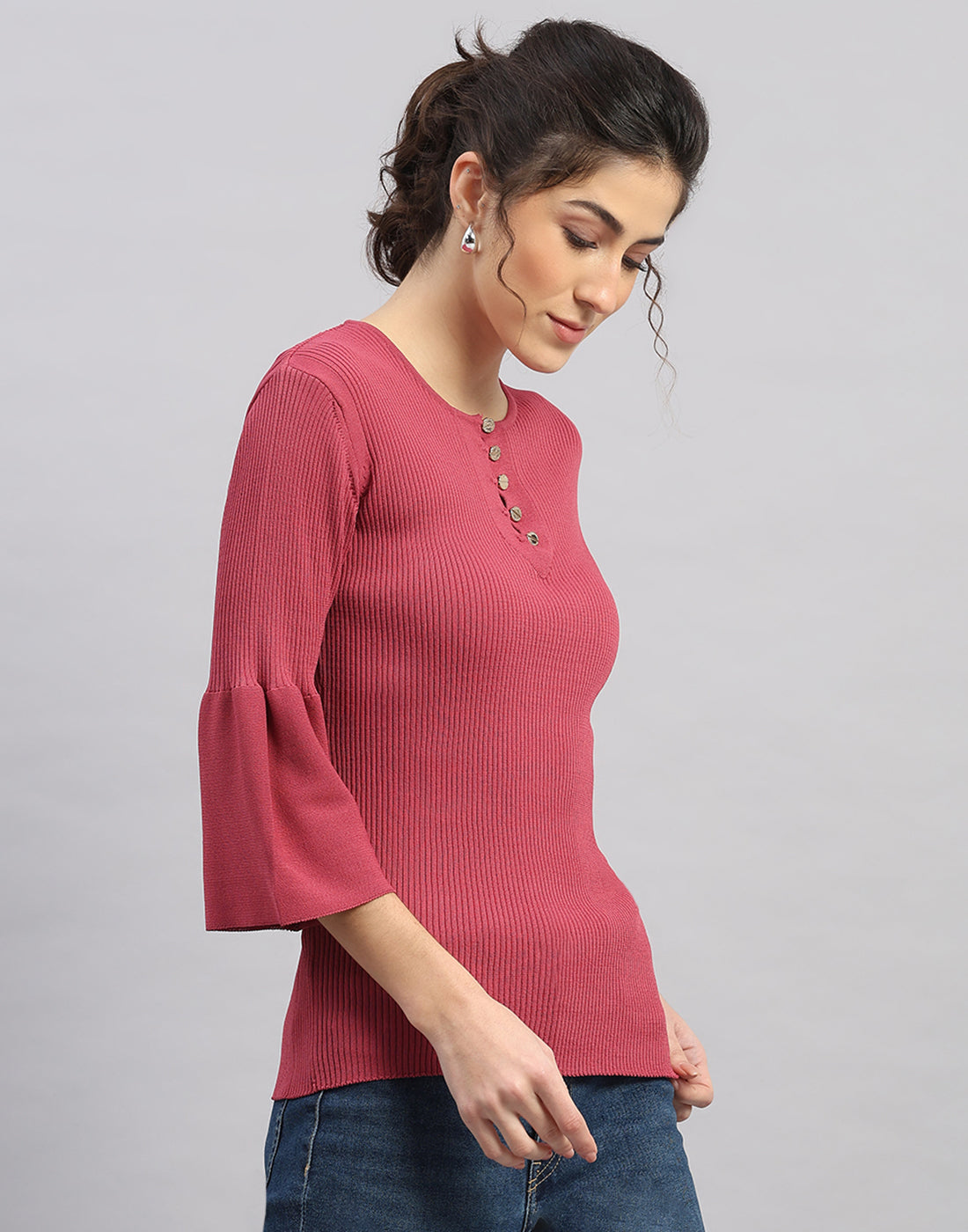 Women Pink Self Design Round Neck Full Sleeve Winter Top
