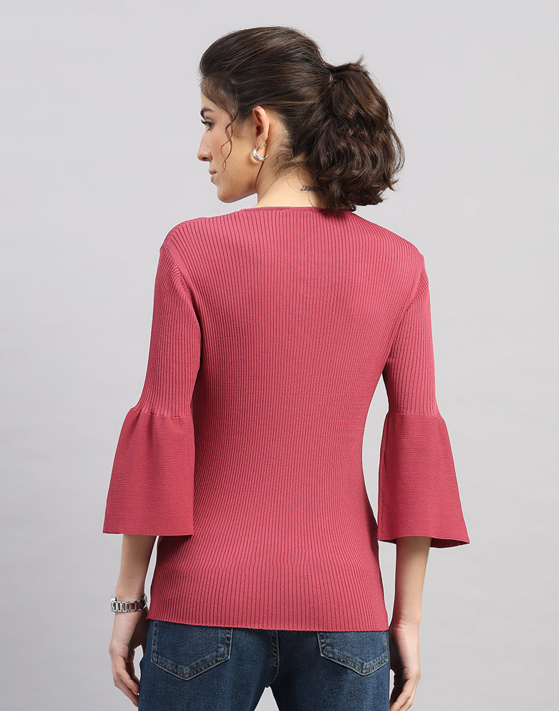 Women Pink Self Design Round Neck Full Sleeve Winter Top