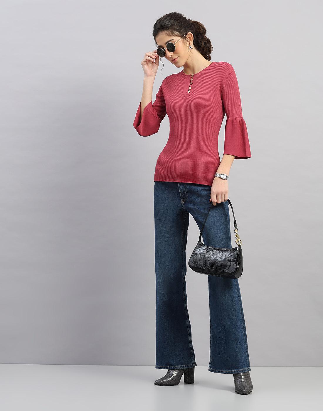 Women Pink Self Design Round Neck Full Sleeve Winter Top