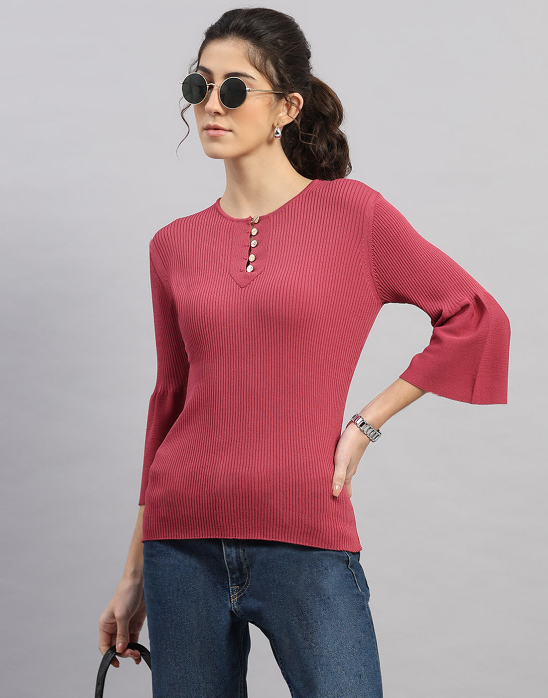 Women Pink Self Design Round Neck Full Sleeve Winter Top