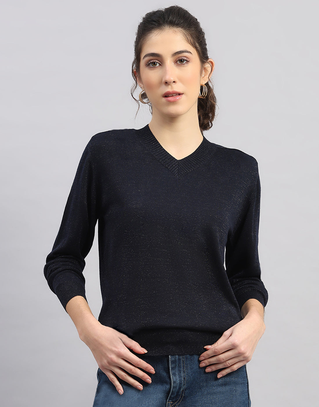 Women Black Self Design V Neck Full Sleeve Winter Top