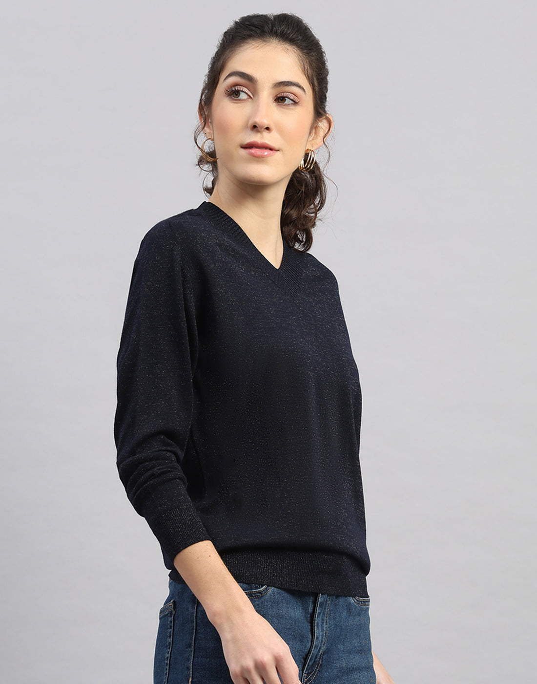 Women Black Self Design V Neck Full Sleeve Winter Top