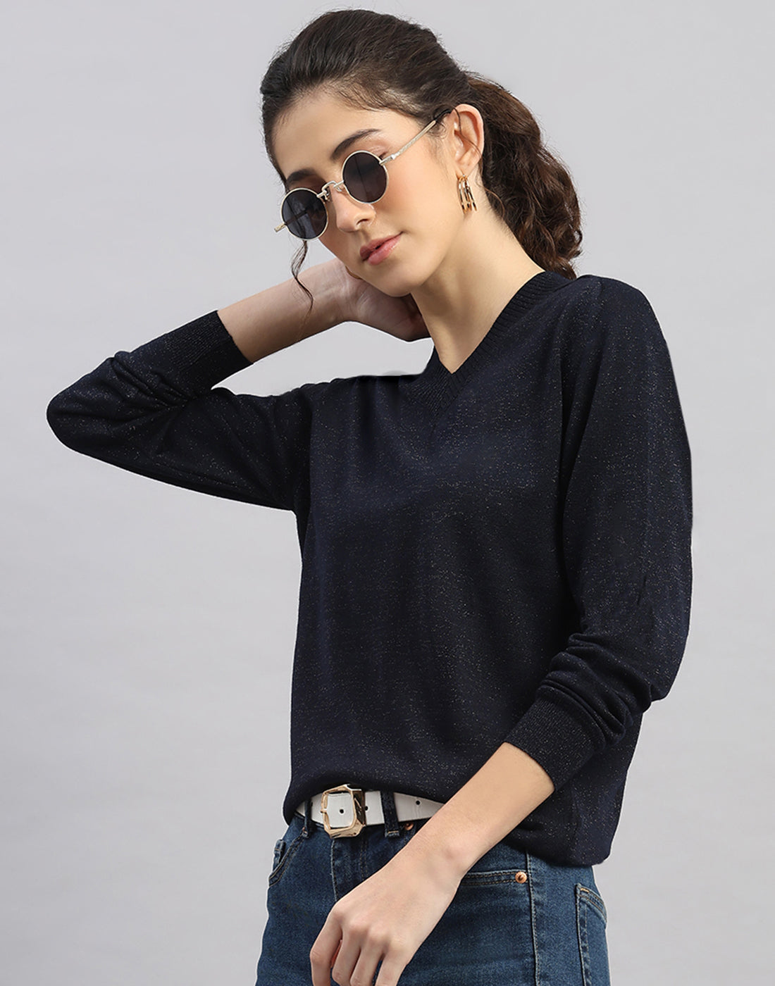 Women Black Self Design V Neck Full Sleeve Winter Top