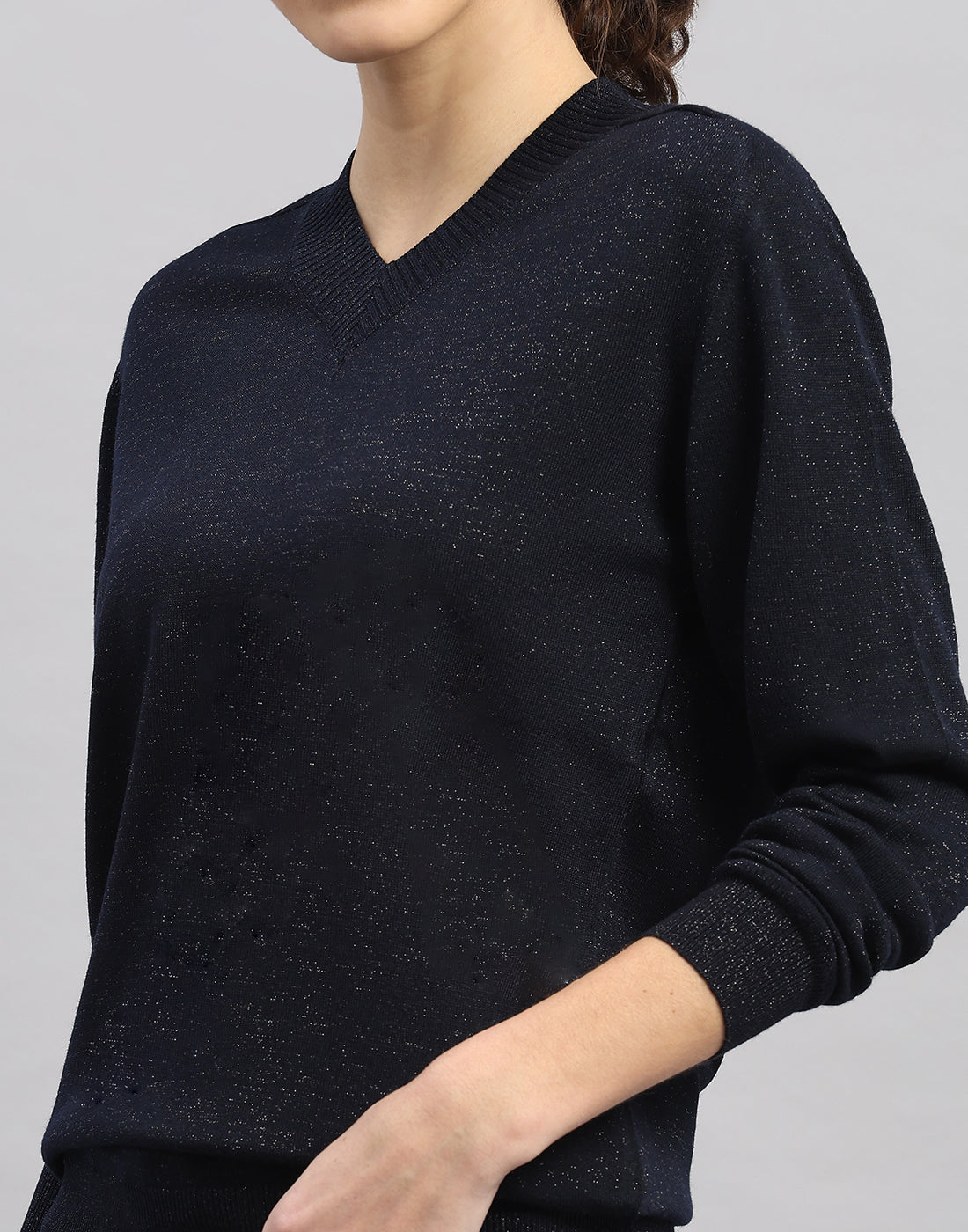 Women Black Self Design V Neck Full Sleeve Winter Top