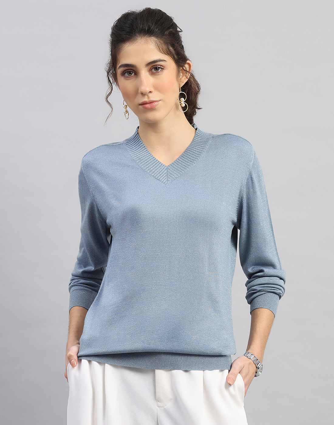 Women Light Blue Self Design V Neck Full Sleeve Winter Top