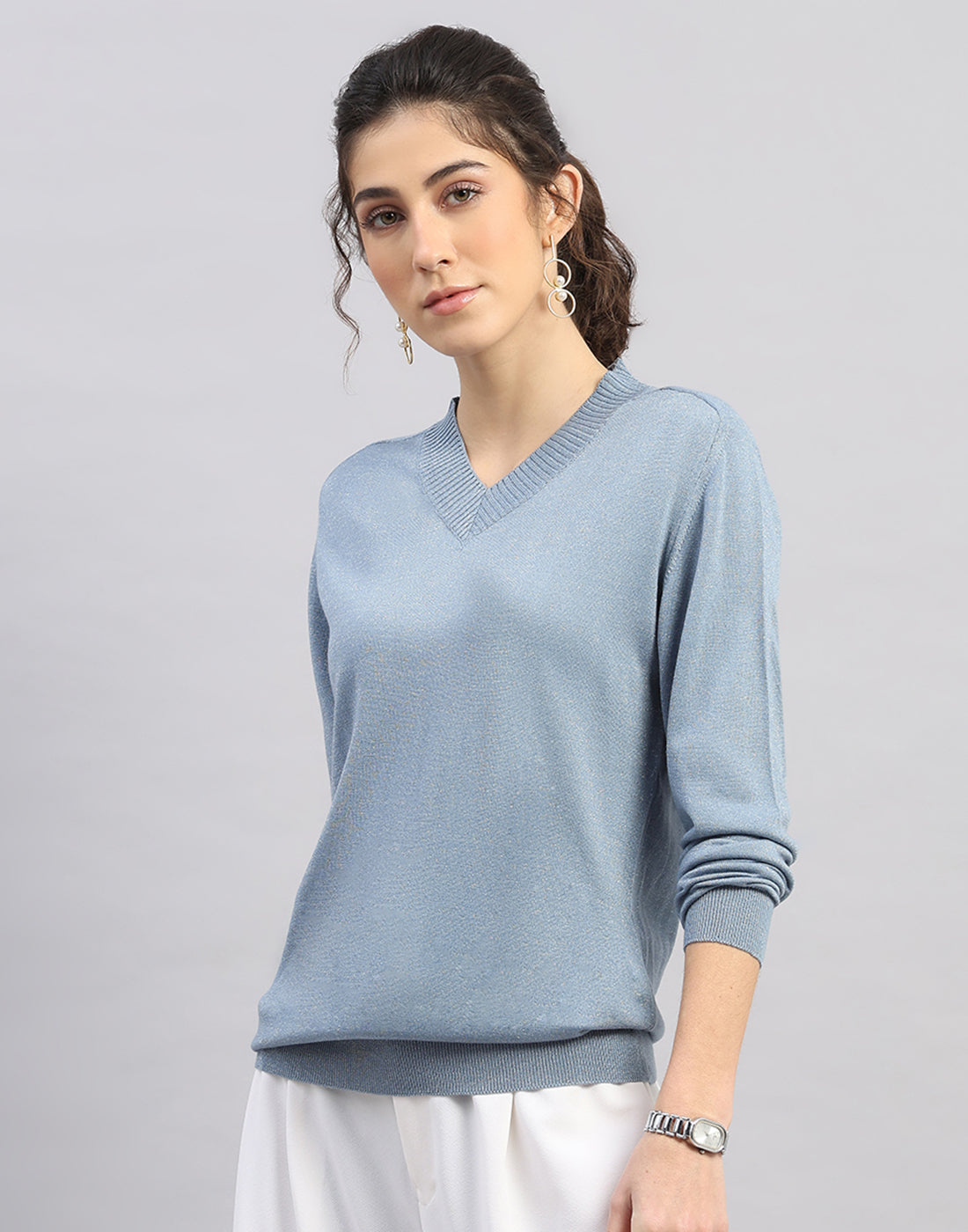 Women Light Blue Self Design V Neck Full Sleeve Winter Top