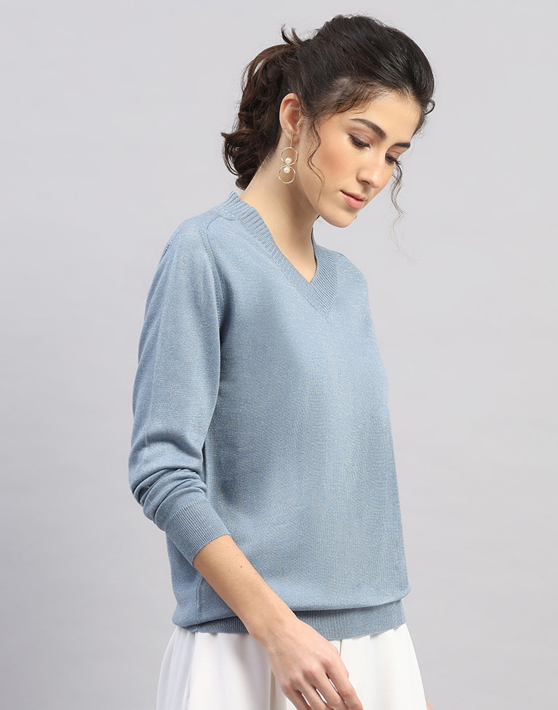 Women Light Blue Self Design V Neck Full Sleeve Winter Top