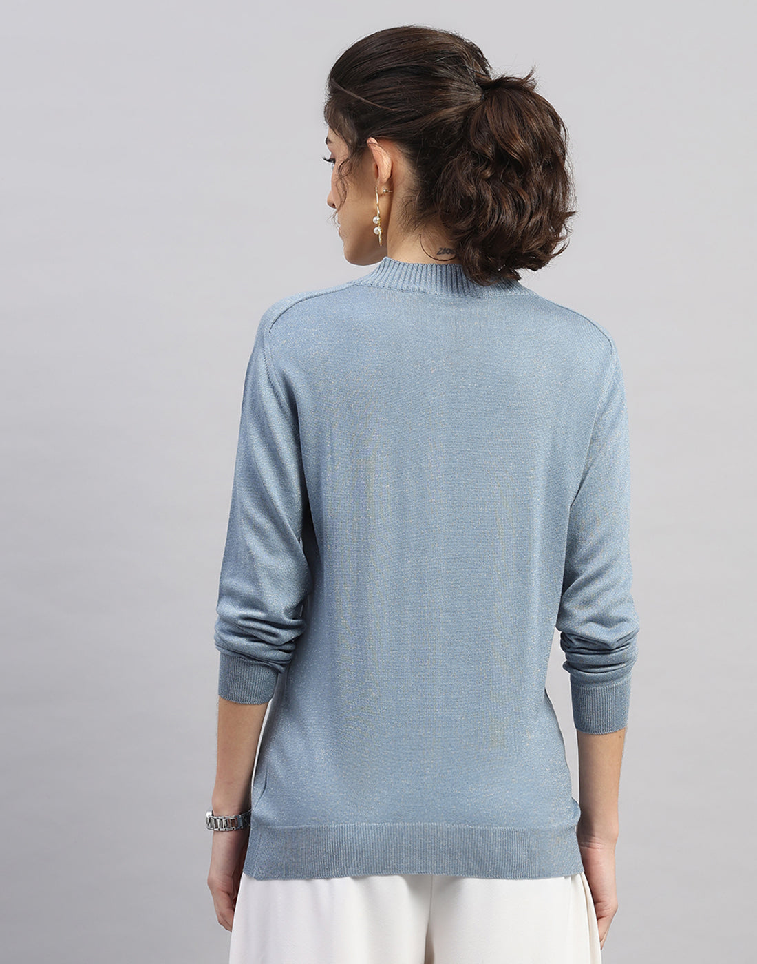 Women Light Blue Self Design V Neck Full Sleeve Winter Top