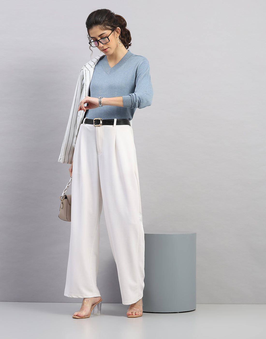 Women Light Blue Self Design V Neck Full Sleeve Winter Top