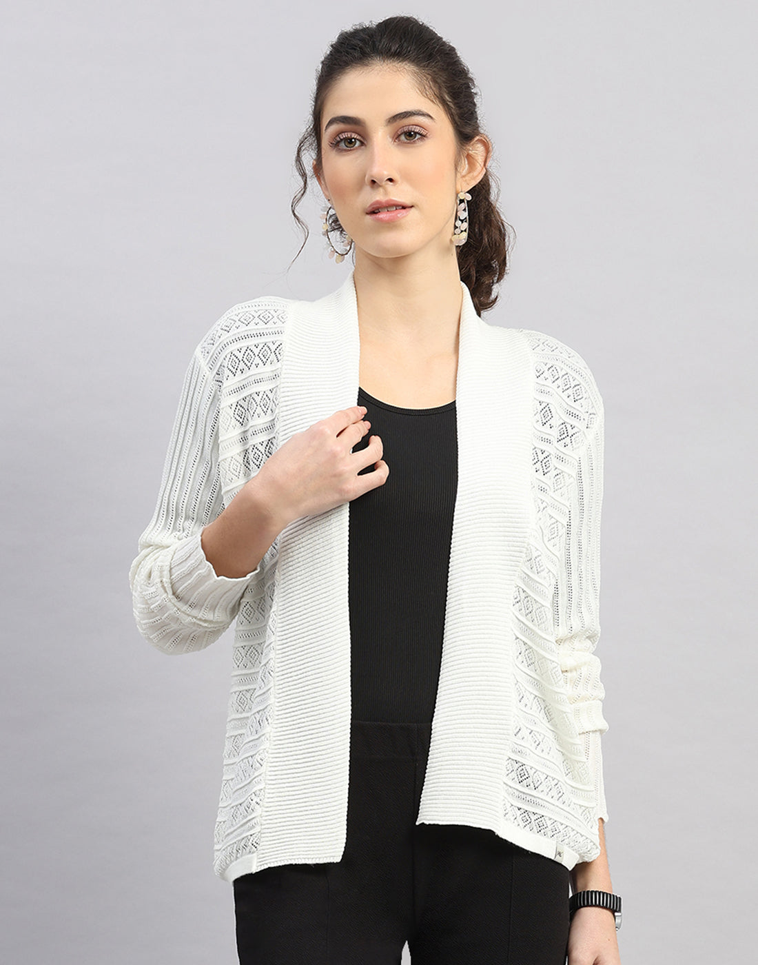 Women White Self Design Front Open Full Sleeve Winter Top