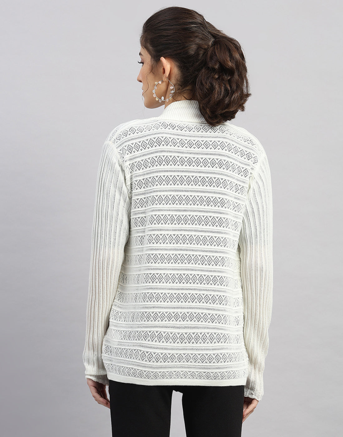 Women White Self Design Front Open Full Sleeve Winter Top