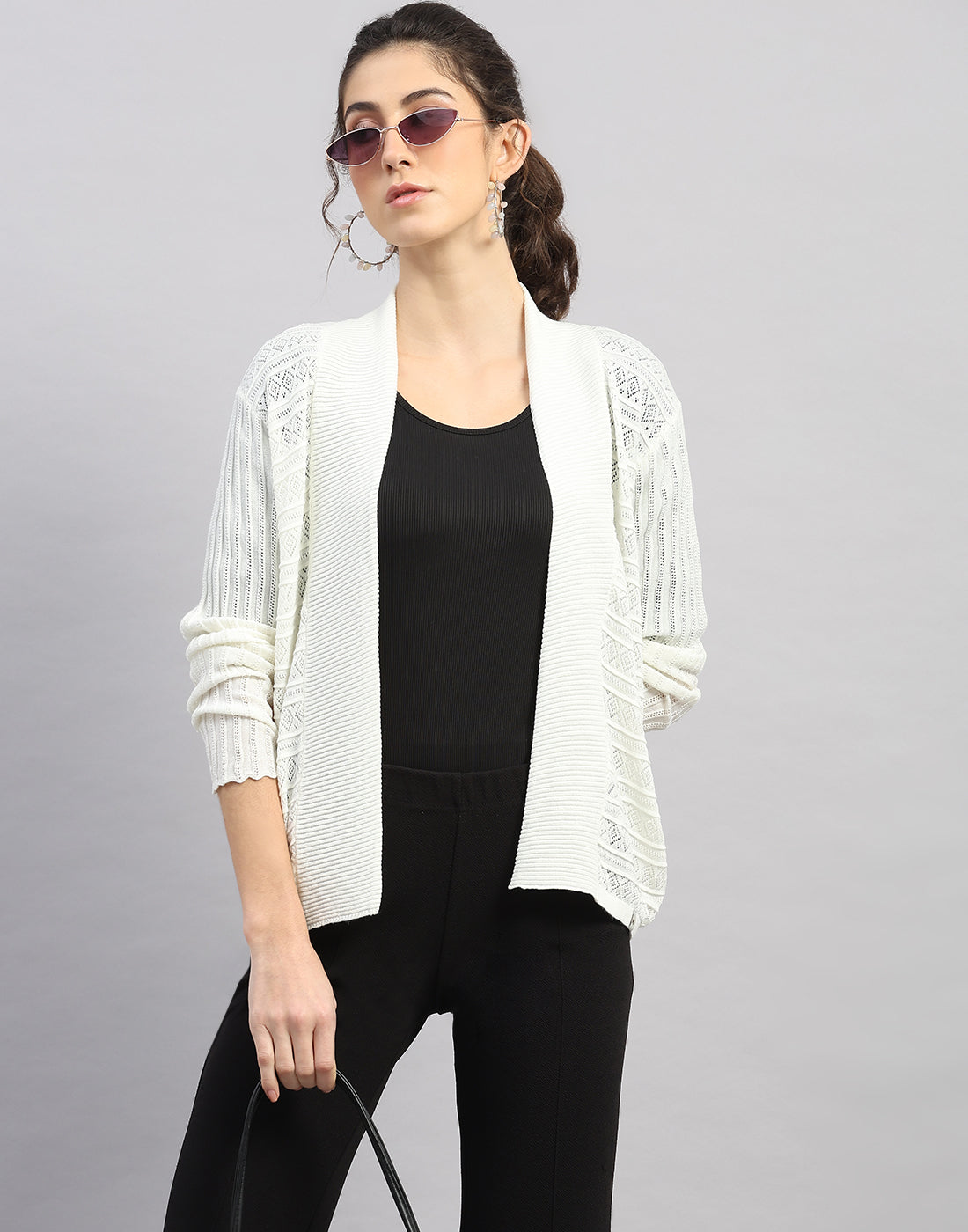 Women White Self Design Front Open Full Sleeve Winter Top