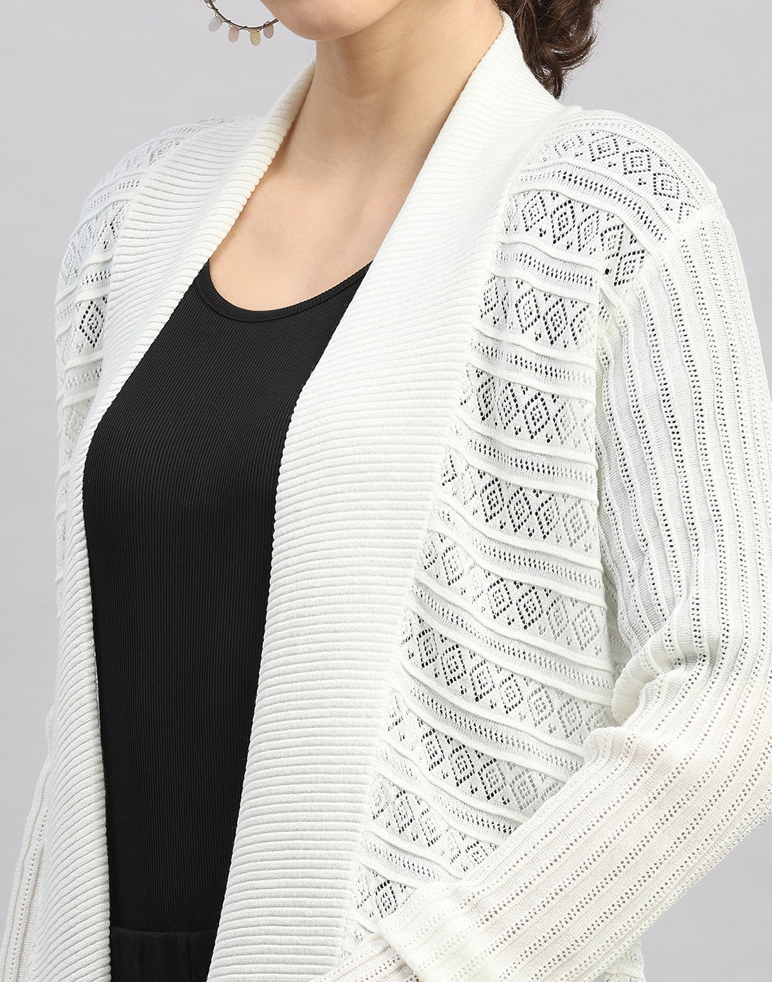 Women White Self Design Front Open Full Sleeve Winter Top