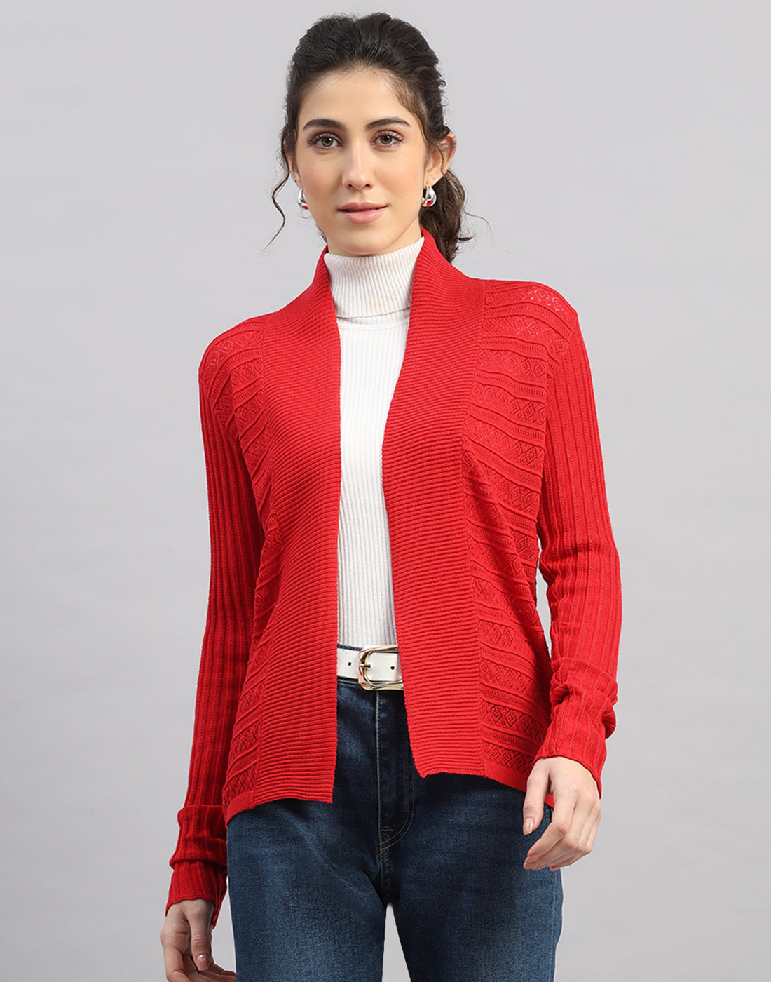 Women Red Self Design Front Open Full Sleeve Winter Top