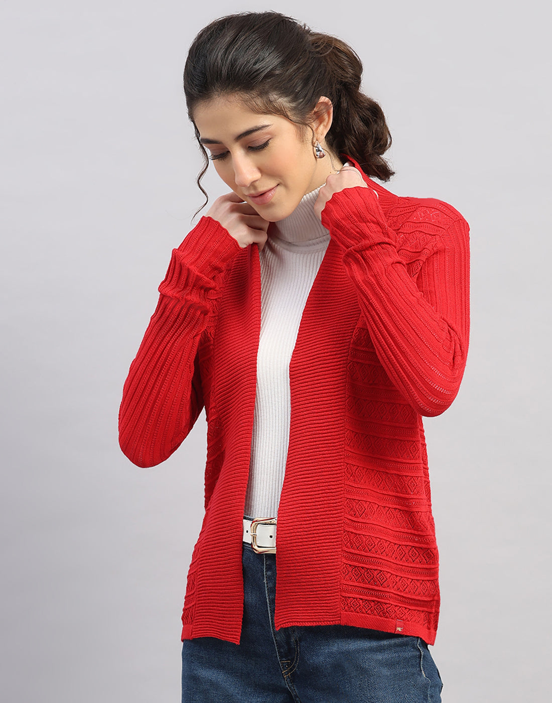 Women Red Self Design Front Open Full Sleeve Winter Top