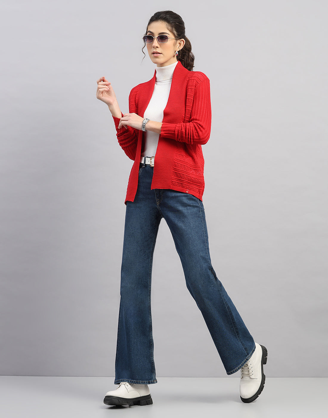 Women Red Self Design Front Open Full Sleeve Winter Top