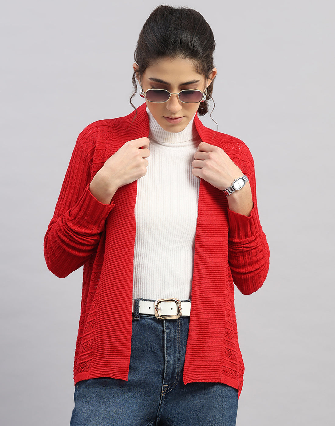 Women Red Self Design Front Open Full Sleeve Winter Top