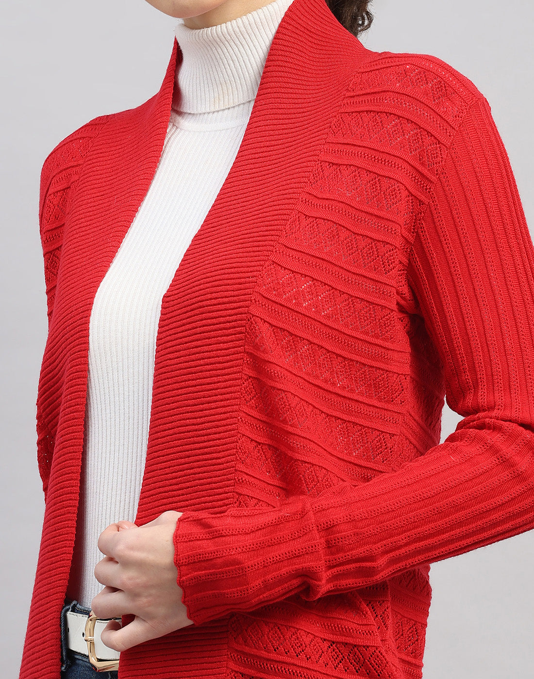 Women Red Self Design Front Open Full Sleeve Winter Top